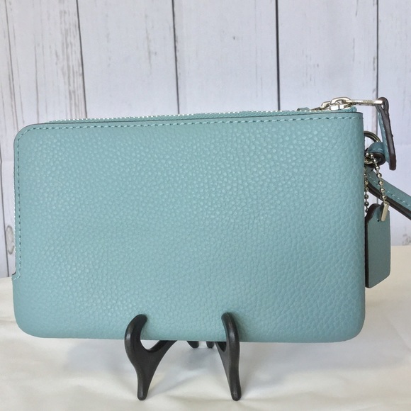 Coach Blue Pebbled Leather Double Zip Wallet Wristlet F87590 with Gift Box - Picture 4 of 4